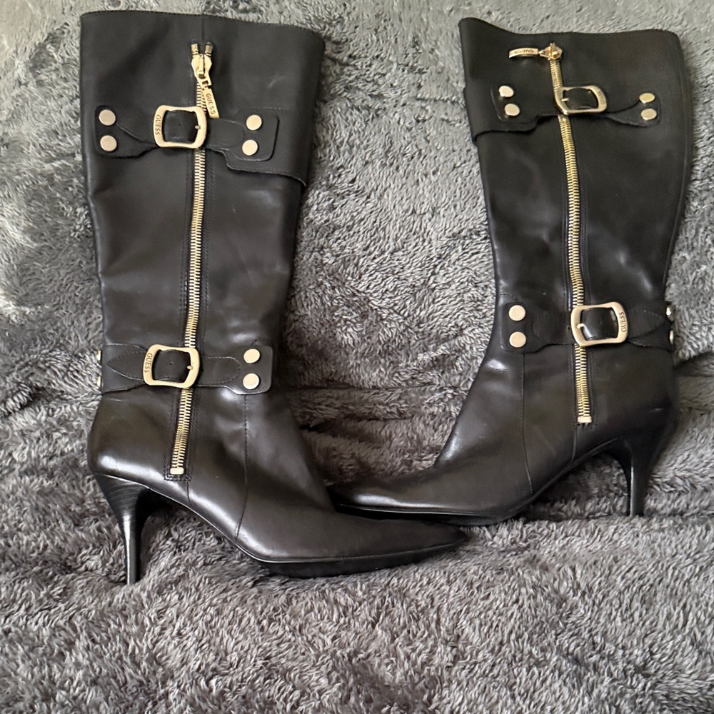 Guess Black Heeled Boots with Gold Buckles
